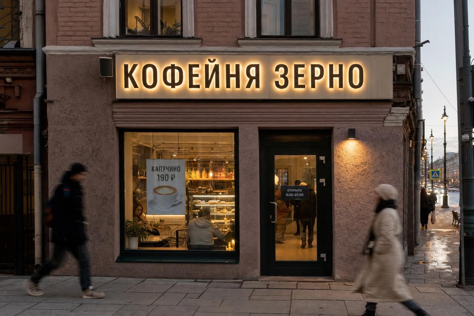 Фасад кофейни с вывеской «Кофейня Зерно», постером «Капучино 190 ₽» в витрине и прохожими