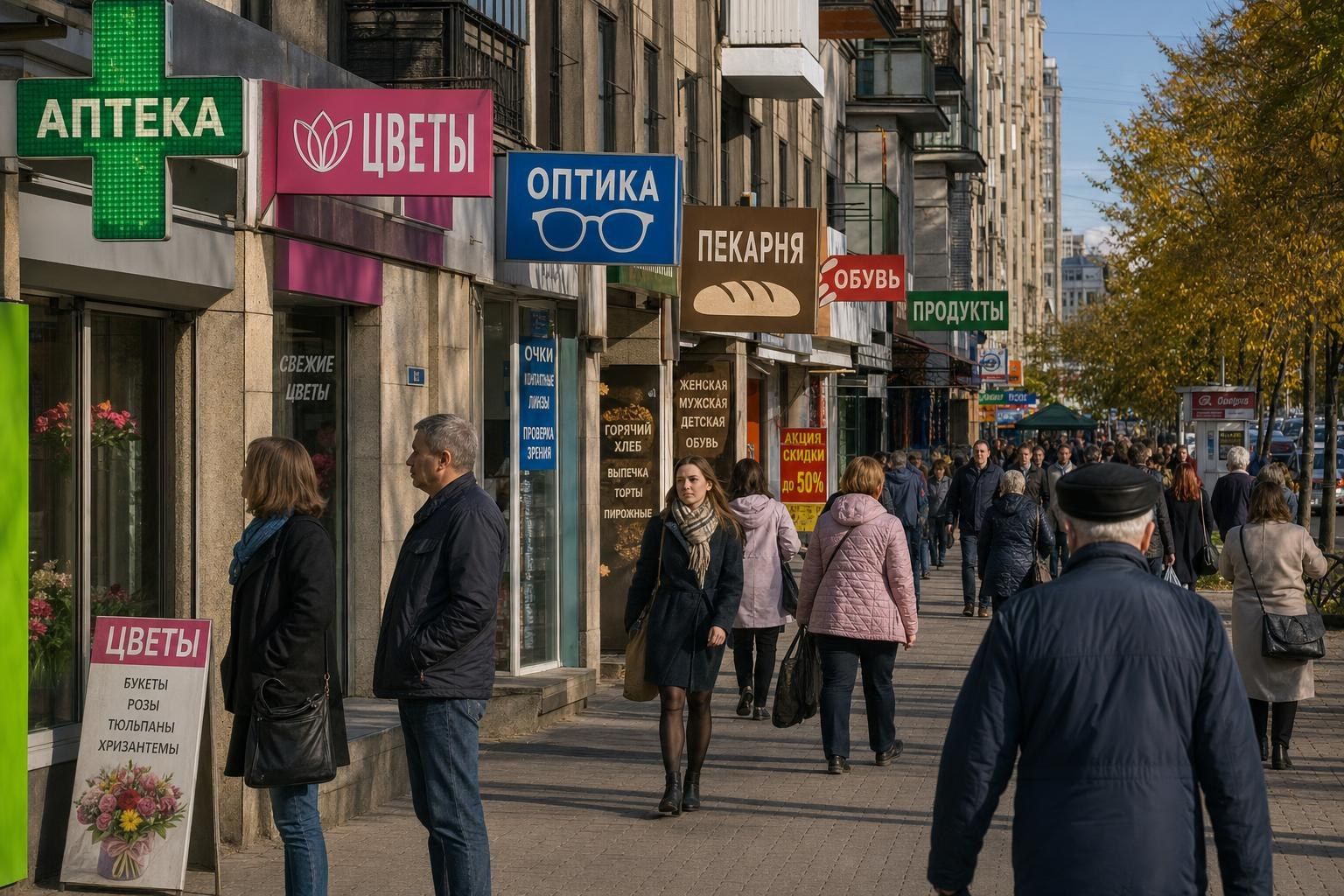 Пешеходная улица с вывесками «Аптека», «Цветы», «Оптика», «Пекарня», «Обувь», «Продукты»